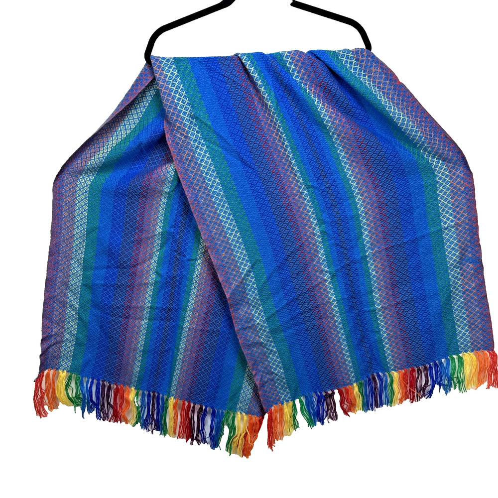 Artesanias Oscar Alpaca Blue Rainbow Stripe Wrap Scarf Hand Woven‎ Made in Peru